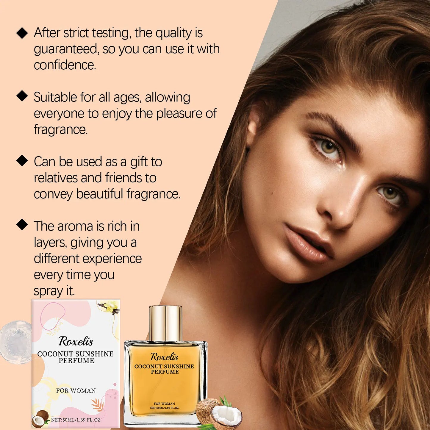 ROXELIS Coconut Sunshine Perfume Mist Tropical Summer Fragrance for Women, 50ml