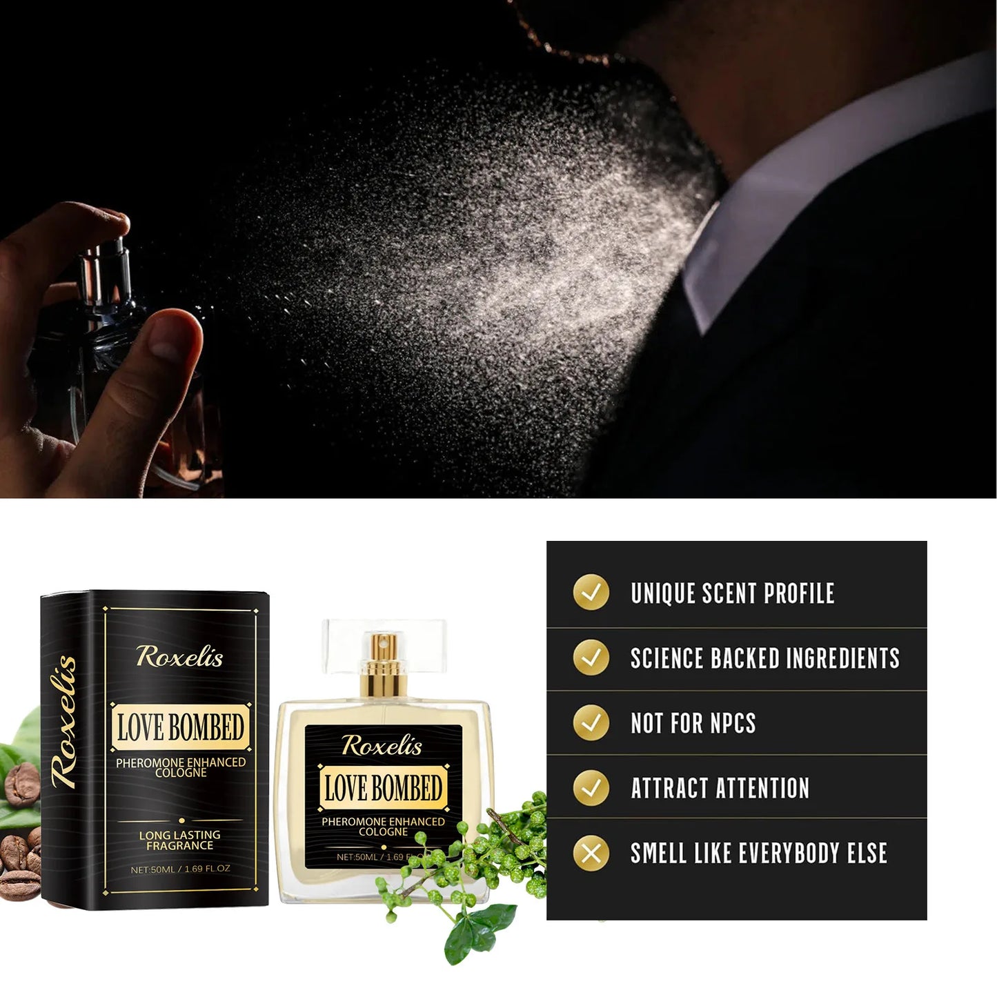 ROXELIS Men's Love Bombed Cologne Pheromone Infused, Bold & Long-Lasting, 50ml