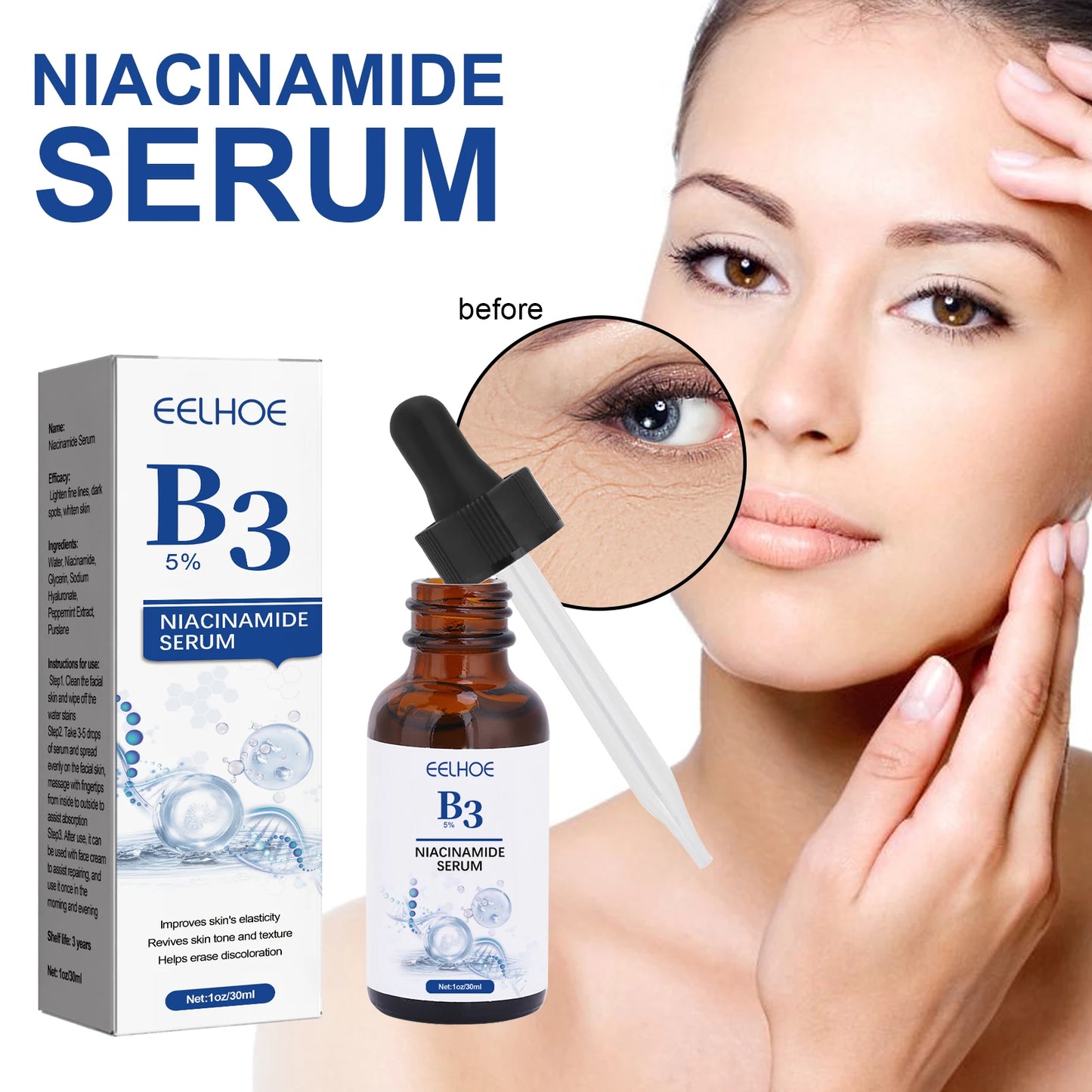 B3 Niacinamide Brighten Face Serum Dark Spot Fading, Anti-Aging, Pore Minimizing, Hydrating