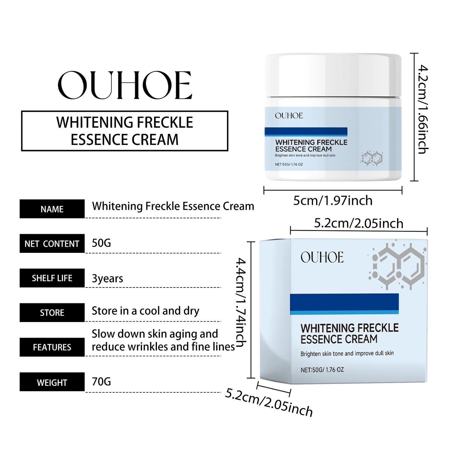 OUHOE Whitening Freckle Essence Cream Brightening, Spot-Reducing and Hydrating, 50g