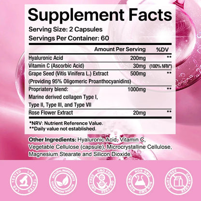 Collagen & Hyaluronic Acid Capsules with Grape Seed – Anti-Aging Skin Support, 120 Count