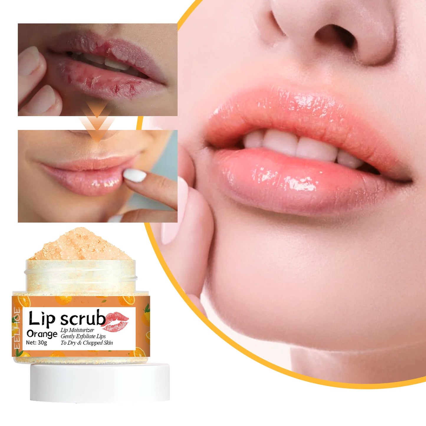 EELHOE Lip Scrub Orange Exfoliating, Moisturizing and Nourishing Care, 30g