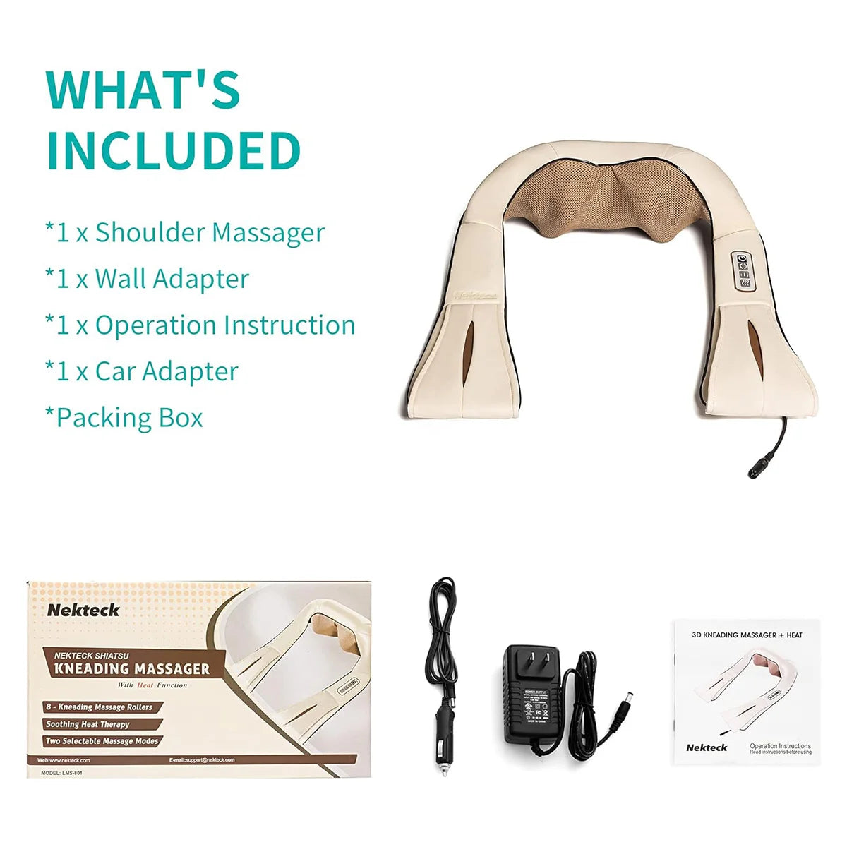 Nekteck Shiatsu Neck & Back Massager with Heat – Deep Tissue 3D Kneading