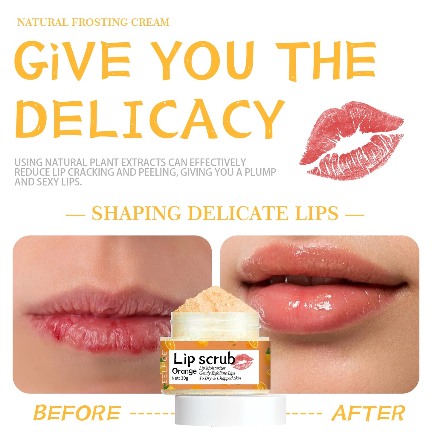 EELHOE Lip Scrub Orange Exfoliating, Moisturizing and Nourishing Care, 30g