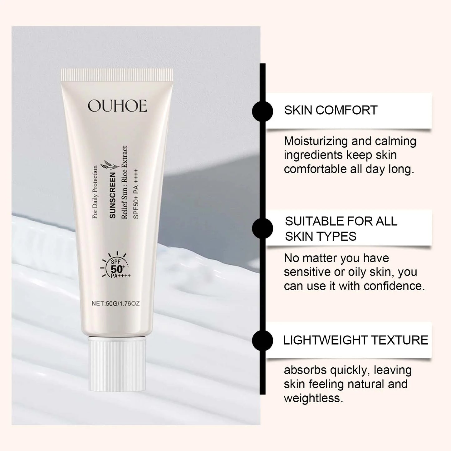 OUHOE Relief Sun Rice SPF50+ High Protection, Hydrating and Lightweight, 50g