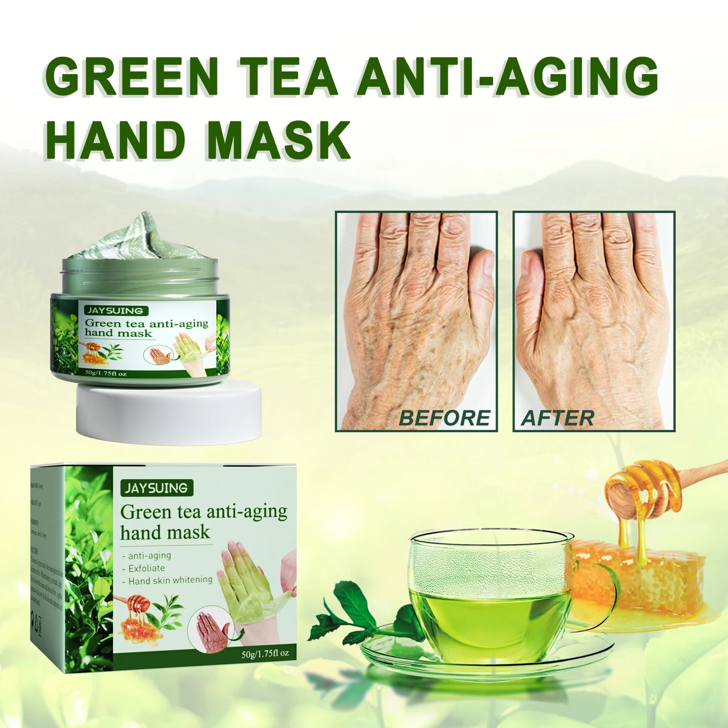 Jaysuing Green Tea Hand Mask – Moisturizing & Anti-Wrinkle (50g)