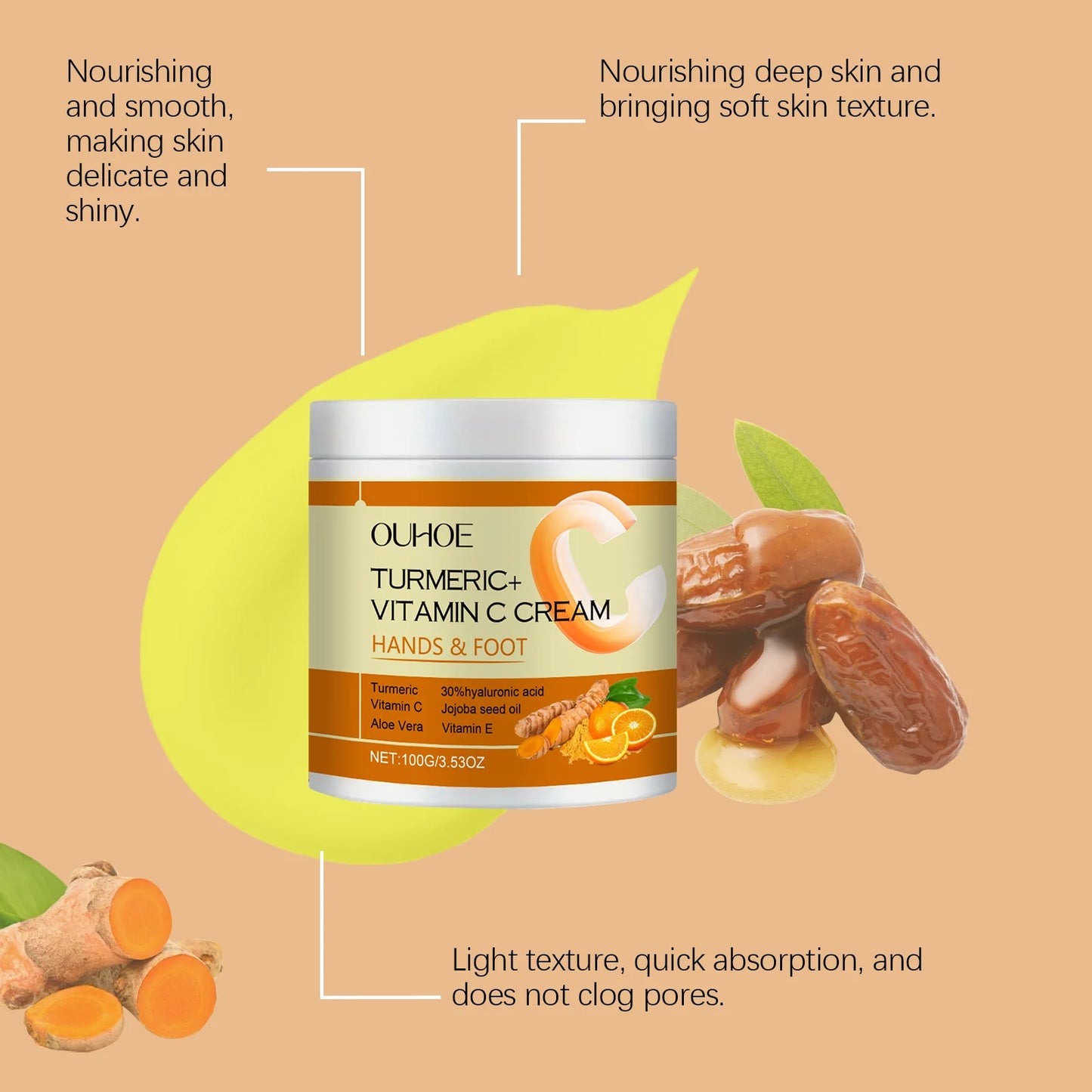 OUHOE Turmeric and Vitamin C Cream Brighten, Nourishing and Hydrating, 100g