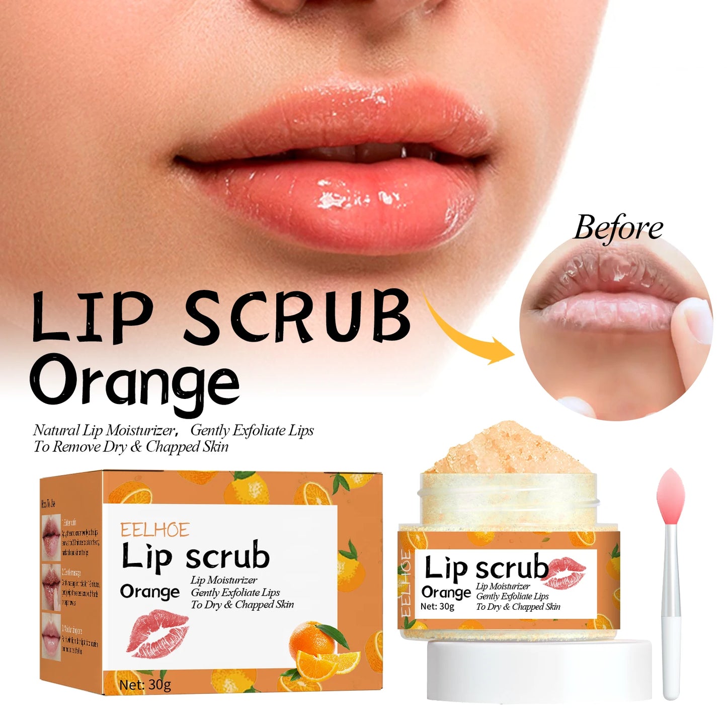 EELHOE Lip Scrub Orange Exfoliating, Moisturizing and Nourishing Care, 30g