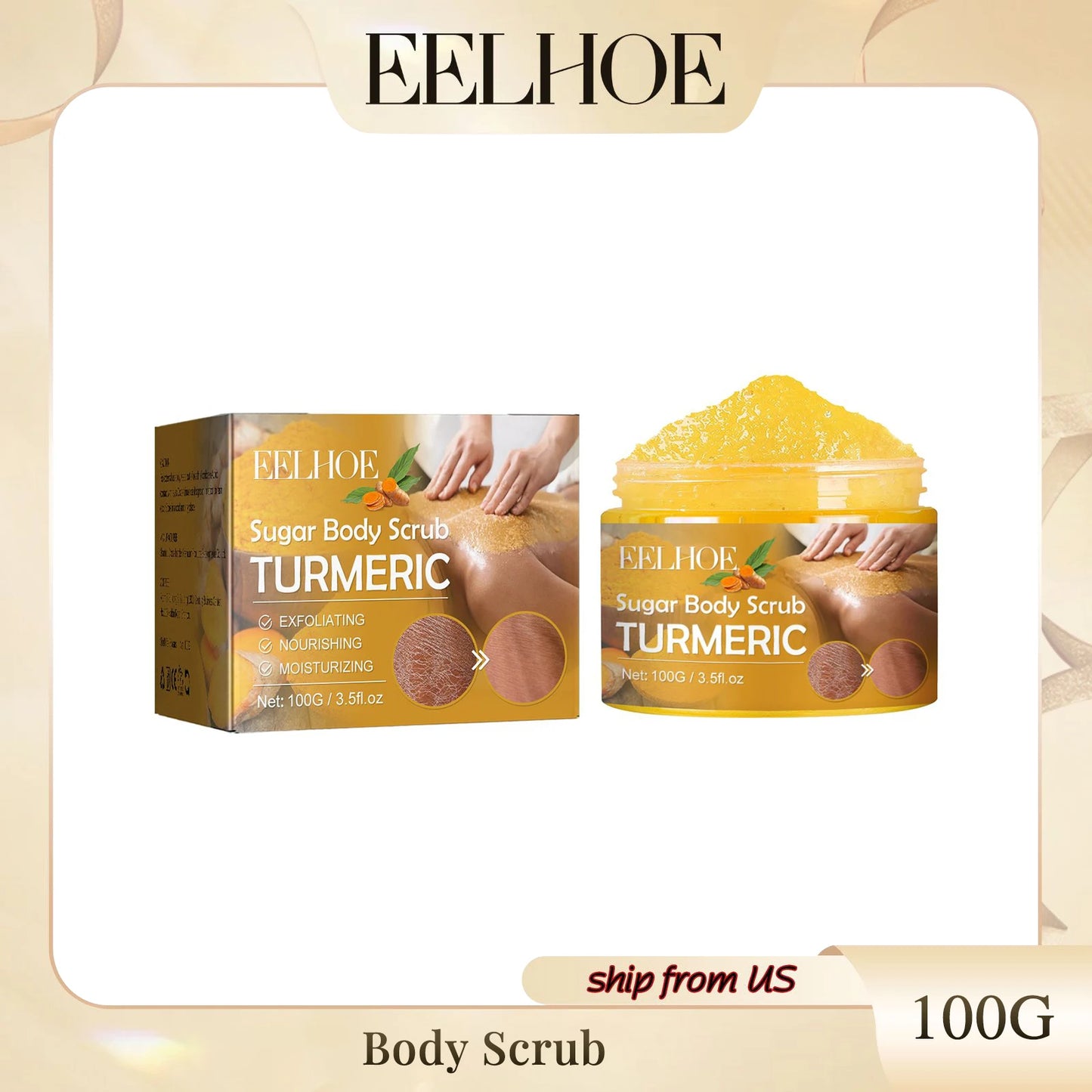 EELHOE Sugar Body Scrub Turmeric, and Exfoliating and Nourishing, 100g