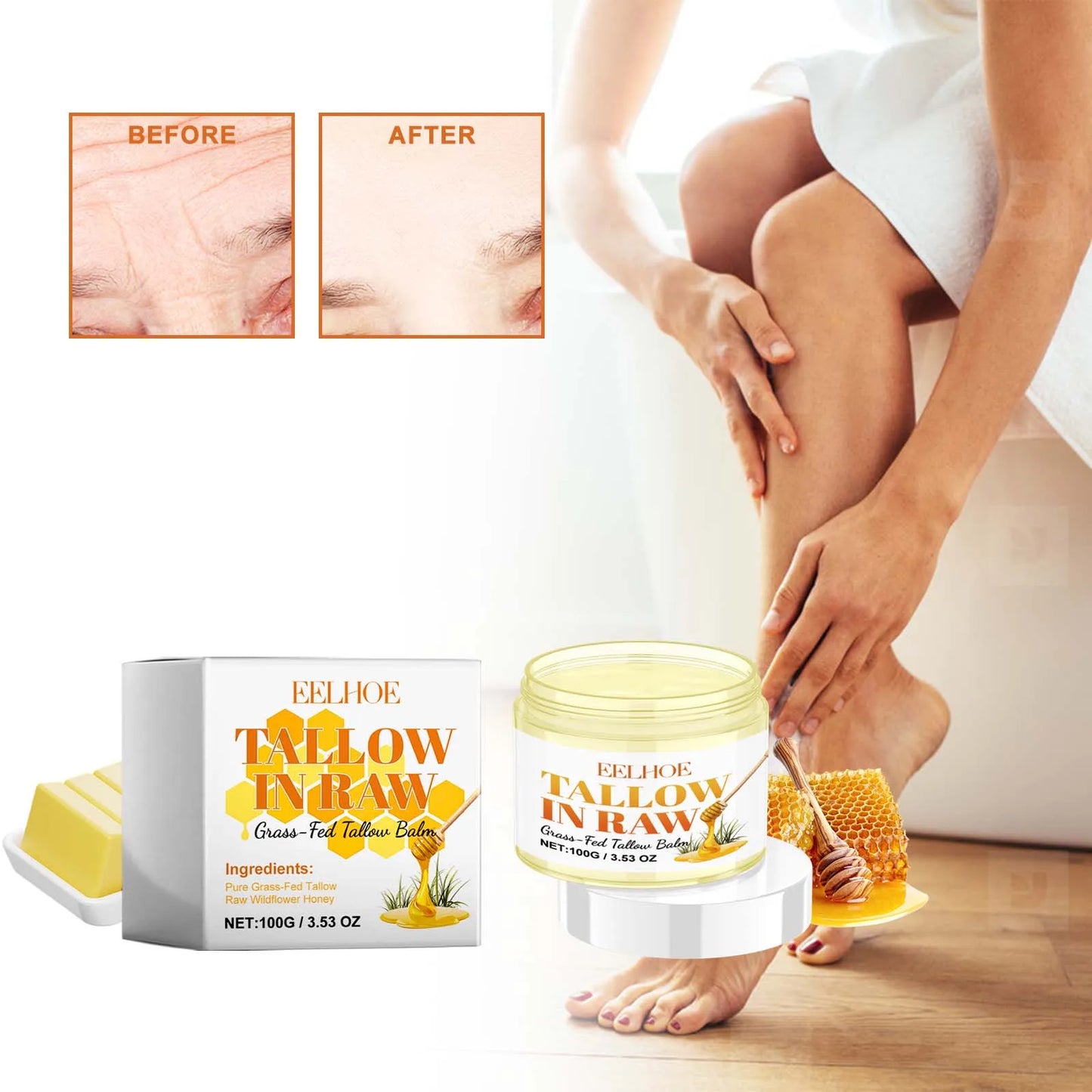 EELHOE Raw Tallow Balm Nourishing, Moisturizing and the Soothing, 100g