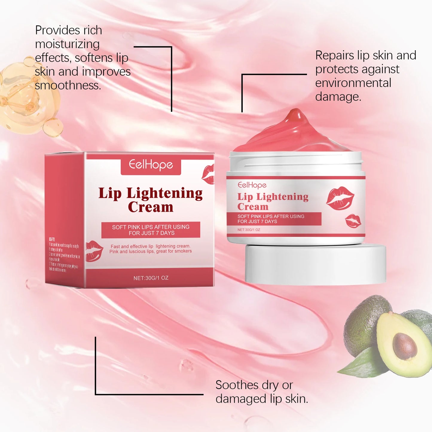 EelHope Lightening Lip Cream Moisturize, Repairing and with Hydrating Care, 30g