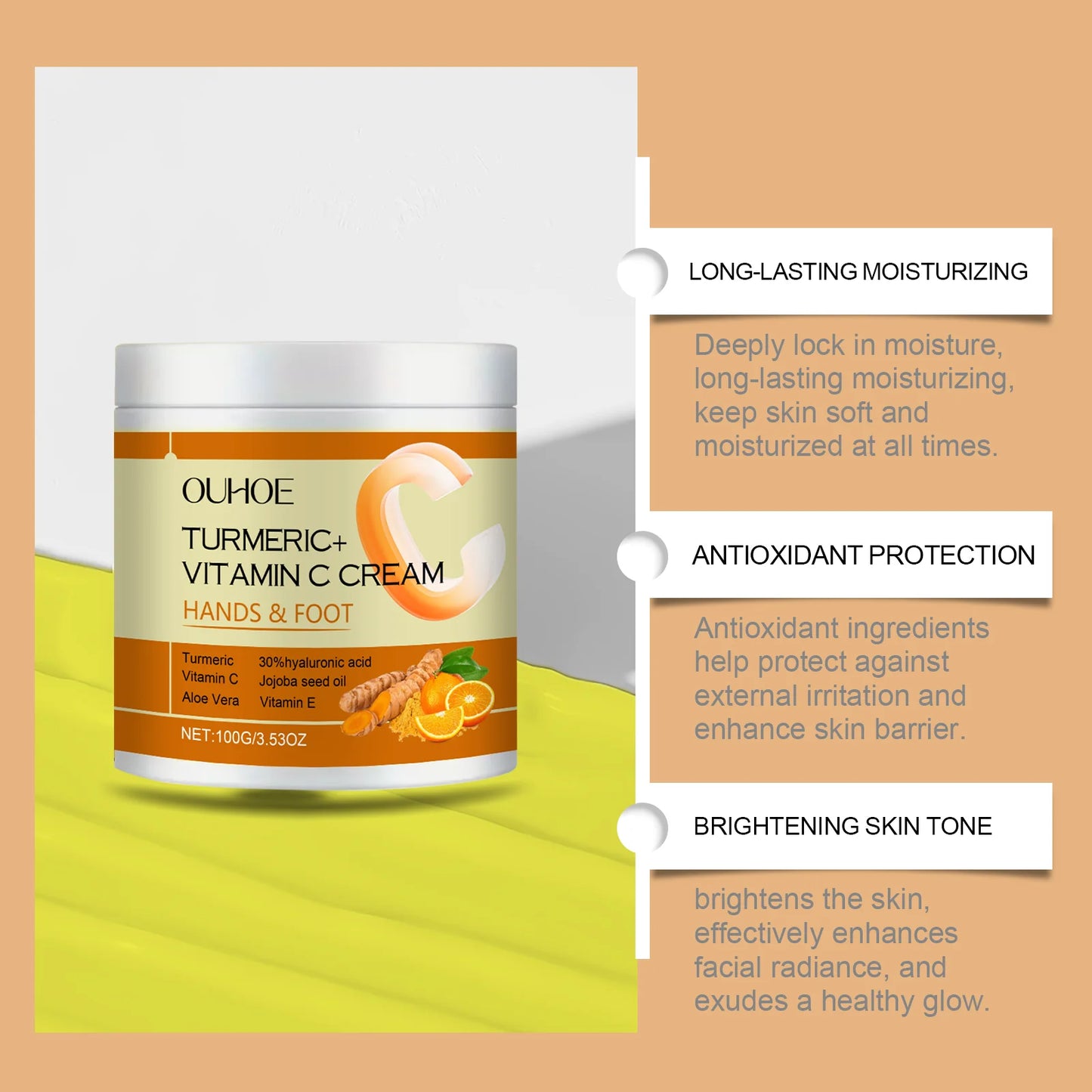 OUHOE Turmeric and Vitamin C Cream Brighten, Nourishing and Hydrating, 100g